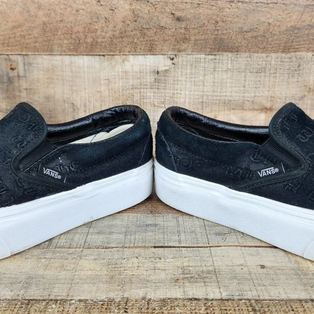Vans Slip On Platform‎ Women Sz 6 Suede Embossed Letters Casual Classic Black - Picture 4 of 10